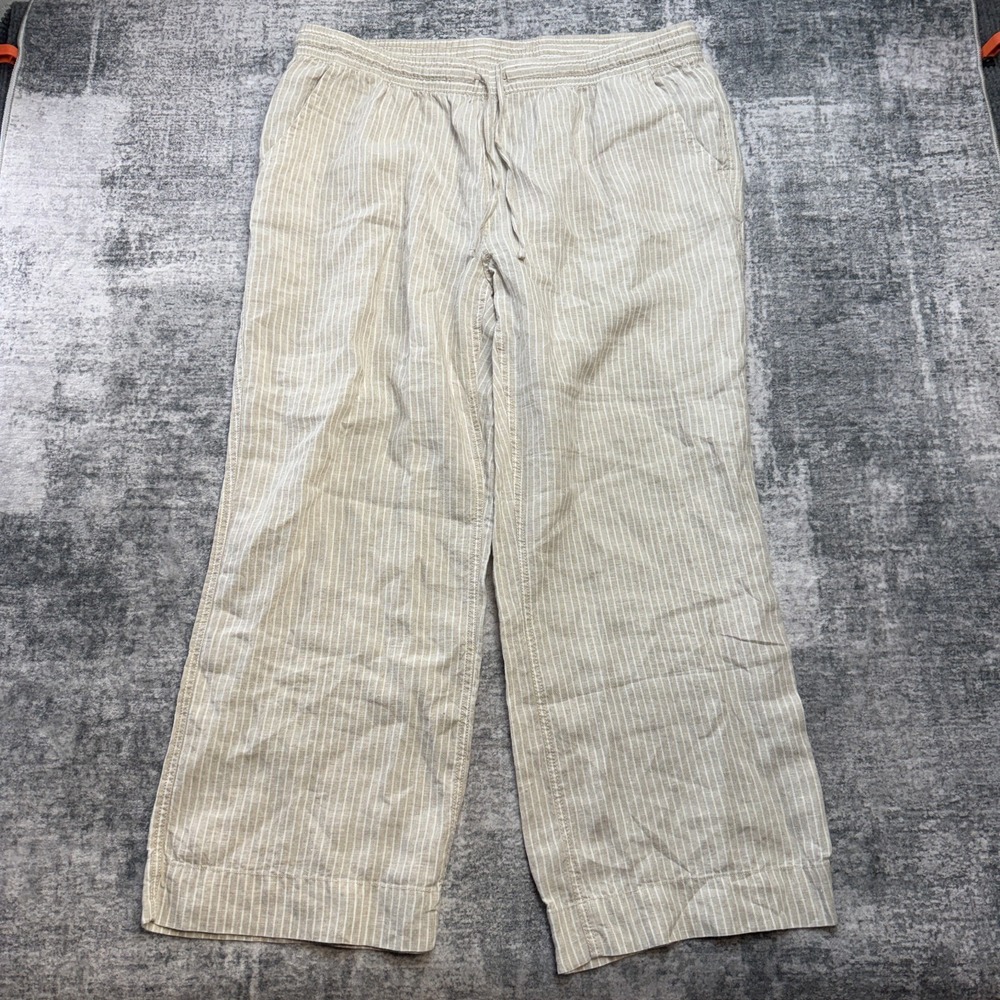 LL Bean Pants Womens 20W Beige Striped Breezy Pull On Linen Resort Beach Relaxed